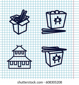 Set of 4 china outline icons such as temple, chinese fast food