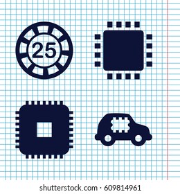Set of 4 chip filled icons such as 25 casino chip, cpu, CPU