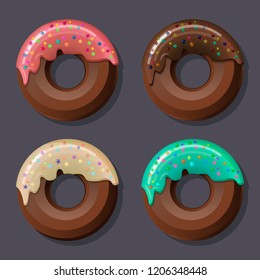 A set of 4 chocolate donuts poured with various icing and sweet topping. Vector illustration.