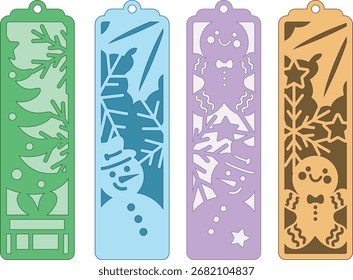 Set of 4 Christmas bookmark, Layered holiday gift tag, Winter design