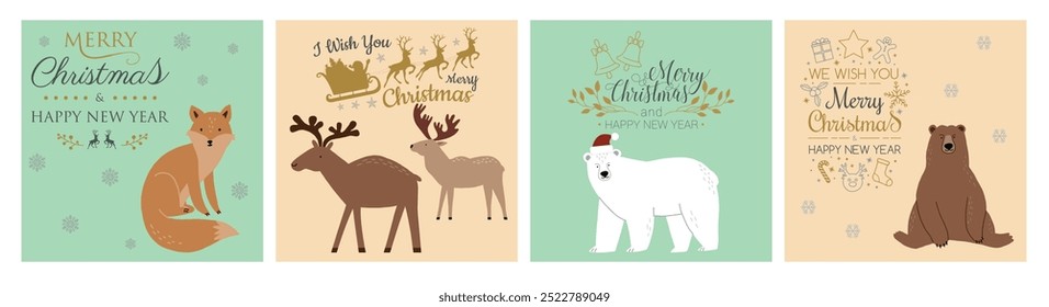 Set of 4 Christmas cards. Christmas cards with animals, bears, deer, fox. Merry Christmas and Happy New Year. Vector illustration