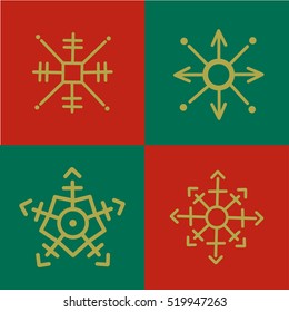 Set of 4 Christmas cards. Collection of four vintage snowflake cards. Red, green and gold winter cards.
