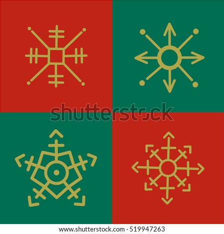 Set of 4 Christmas cards. Collection of four vintage snowflake cards. Red, green and gold winter cards.
