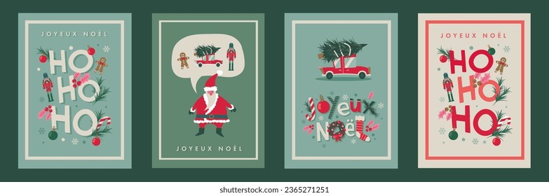 Set of 4 christmas cards in french. Santa saying Hohoho and happy holidays. Vector illustrations and lettering on christmas theme. Flat design icons. Joyeux noel.