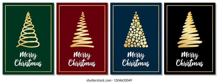 Set of 4 Christmas cards with hand-drawn Golden Christmas trees on dark blue, dark red, dark green, black background with lettering "Merry Christmas"