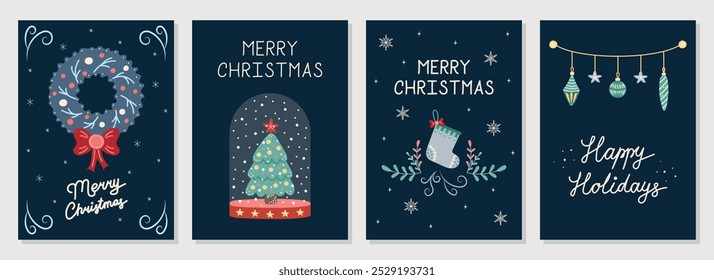 Set mit 4 Weihnachtskarten auf dunklem Hintergrund. Handgezeichnete Weihnachts- und Neujahrskarten Sammlung. Vektorgrafik.