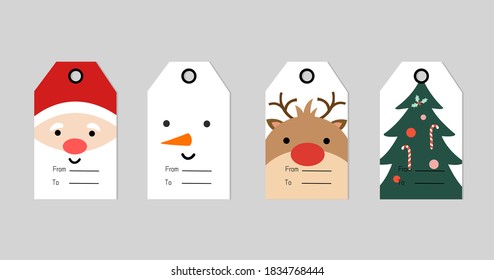 Set Of 4 Christmas Character Vectors Gift Tag. Cute Label,template For 25 December. Printable Greeting Card Illustration.