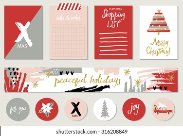 Set of 4 Christmas creative journaling cards, banner, stickers and tags. Vector illustration. Template for Greeting Scrapbooking, Congratulations, Invitations, wishes.