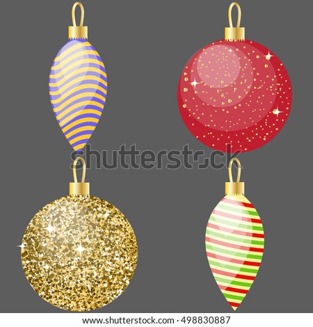Set of 4 christmas decorative balls. Red, stripey, and glittering