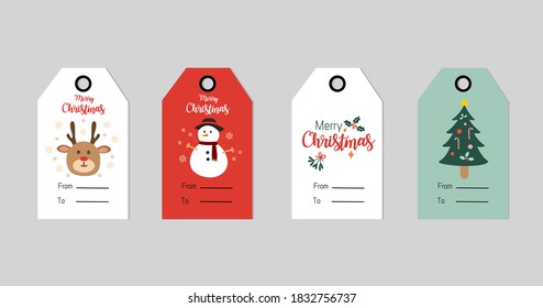 Set of 4 Christmas element vectors gift tag. Cute label template for 25 December. Printable greeting cards illustration. 