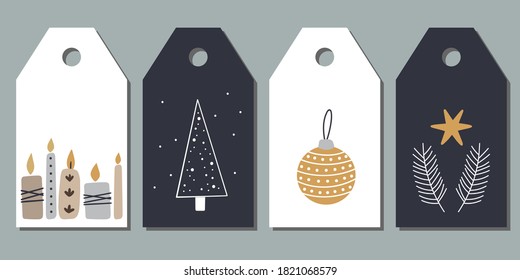 Set of 4 christmas gift tags. Cozy winter illustration for scrapbooking, printable gift labels in flat style. Scandinavian style, cute and simple.