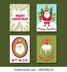 Set of 4 Christmas greeting cards with ball, bauble, snowflake, fir branches, Santa Claus, lettering. Perfect for winter holidays and New Year greetings.