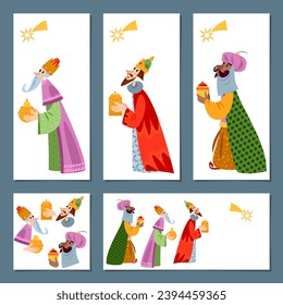 Set of 4 Christmas greeting cards with Three biblical Kings: Caspar, Melchior and Balthazar. Vector illustration

