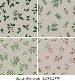 Set of 4 Christmas holiday vector patterns. Winter floral backgrounds design. Happy New Year textures