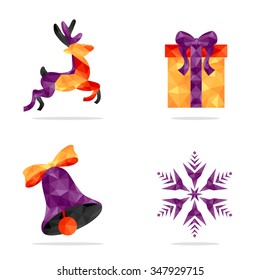 Set of 4 christmas icons. New Year, Christmas symbols made of triangles. Geometric christmas pattern. Holiday design. Great for t-shirt print, web design elements, banners, pattern fills, etc. Vector 