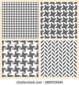 Set of 4 Christmas and New Year black and white seamless patterns from circles, snowflakes, stars and fir tree halftone silhouette. Chicken feet pied-de-poule pattern background. Scarf, kerchief, text