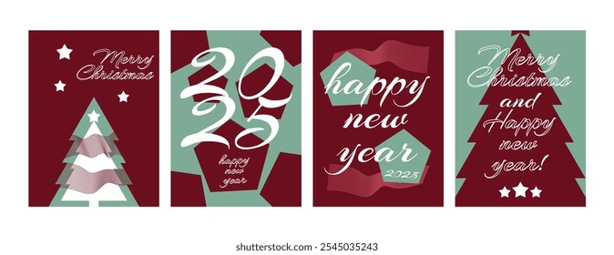 Set of 4 Christmas and New Year cards. 2025, Christmas trees, stars, waves, pentagons, Happy New Year, Merry Christmas.