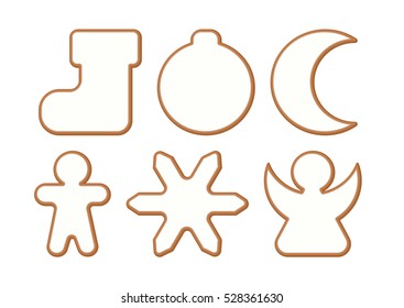 Set 4 of Christmas and New year gingerbread with white glaze, cookies on white background