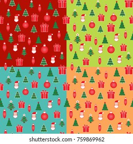 Set of 4 Christmas and New Year seamless patterns with Xmas and winter holidays elements for designs and packaging