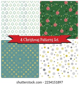 Set of 4 Christmas Patterns, Contour of Pine Trees, Opaque Decorated Christmas Tree with Red Balls, Opaque Yellow Stars and Gold and Silver Snowflakes