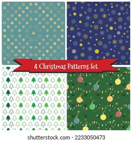 Set of 4 Christmas Patterns, Opaque Yellow and White Stars, Gold and Silver Snowflakes, Variants of Green Pine Trees and Opaque Decorated Christmas Tree with Colored Balls