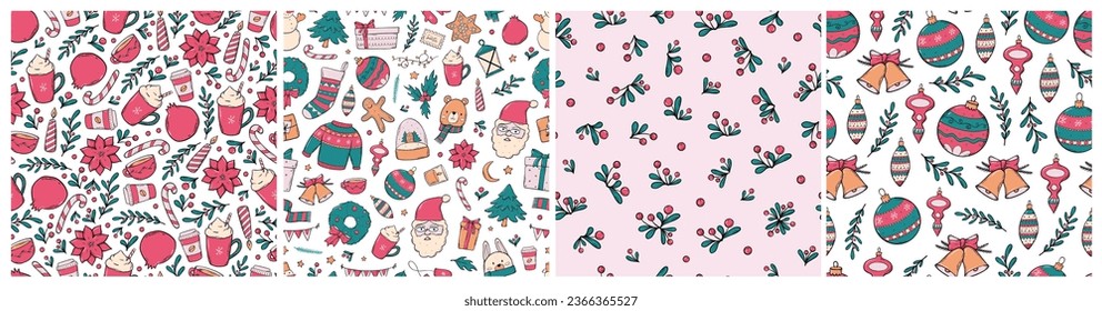 set of 4 Christmas seamless patterns with doodles for textile prints, wallpaper, gift wrapping paper, packaging, backgrounds, scrapbooking, stationary, etc. EPS 10