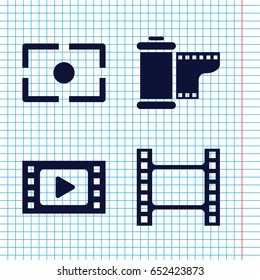 Set of 4 cinema filled icons such as camera tape, camera focus