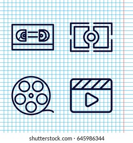 Set of 4 cinema outline icons such as movie clapper, camera focus, camera tape