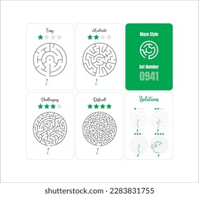 Set of 4 circular mazes for kids at varying levels of difficulty from easy to difficult with solutions - Vector - Set 0941
