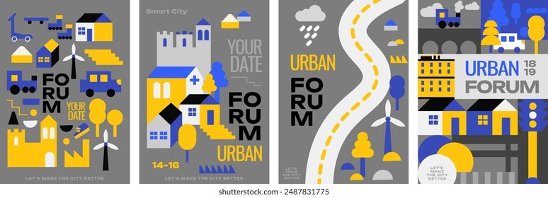 Set of 4 city forum posters.  Modern city icons, houses, transport, windmills, trees. Ideal for promoting city events, and conferences.  Bright colors and minimalist design.