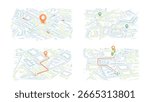 Set of 4 city maps with GPS route and location pin, isometric view, pastel colors. Travel, delivery, and urban planning concepts. Vector illustration