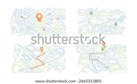 Set of 4 city maps with GPS route and location pin, isometric view, pastel colors. Travel, delivery, and urban planning concepts. Vector illustration