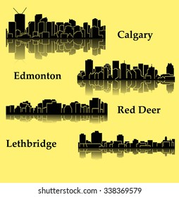 Set Of 4 City Silhouette In Alberta, Canada ( Calgary, Red Deer, Edmonton, Lethbridge )