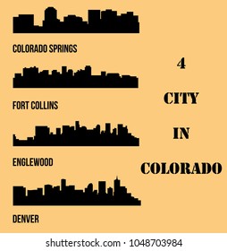 Set of 4 City silhouette in Colorado ( Denver, Colorado Springs, Fort Collins, Englewood )