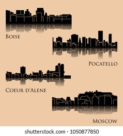 Set of 4 City Silhouette in Idaho ( Boise, Pocatello, Moscow, Couer d'Alene )