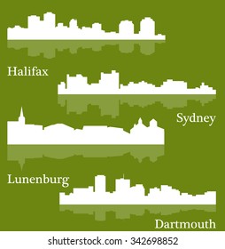 Set of 4 city silhouette in Nova Scotia, Canada ( Halifax, Lunenburg, Sydney, Dartmouth )