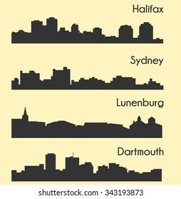 Set of 4 city silhouette in Nova Scotia, Canada ( Halifax, Lunenburg, Sydney, Dartmouth )