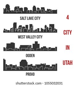 Set of 4 City Silhouette in Utah ( Salt Lake City, West Valley City, Provo, Ogden )