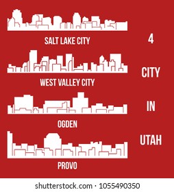 Set of 4 City Silhouette in Utah ( Salt Lake City, West Valley City, Provo, Ogden )