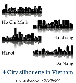 Set of 4 City silhouette in Vietnam ( Ho Chi Minh, Hanoi, Da Nang, Haiphong )