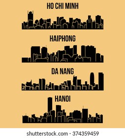 Set of 4 City silhouette in Vietnam ( Ho Chi Minh, Hanoi, Da Nang, Haiphong )