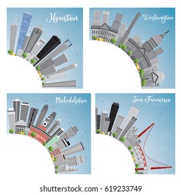 Set of 4 City in Usa. Houston, Washington DC, Philadelphia, San Francisco. Vector Illustration.