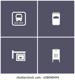 set of 4 cityscape such as bus stop, tea, board and can icon