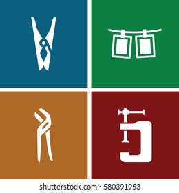 Set of 4 clamp filled icons such as cloth pin, pliers, vice clamp