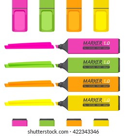 Set of 4 classic markers with highlighter elements isolated on white.
Vector flat style. Highlighters are transparent.
