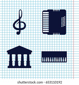 Set of 4 classical filled icons such as court, treble clef, harmonic