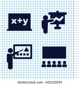Set of 4 classroom filled icons such as teacher, classroom