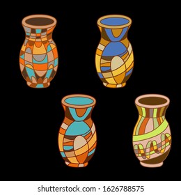 A set of 4 clay jugs with different bright geometric painted glaze, household items, flower vases, dishes for milk. Vector stock illustration voluminous bright household items on a black background
