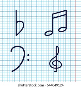 Set of 4 clef outline icons such as bass clef, bemol, treble clef