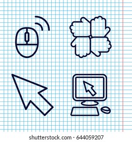 Set of 4 click outline icons such as pointer on display, computer mouse, pointer